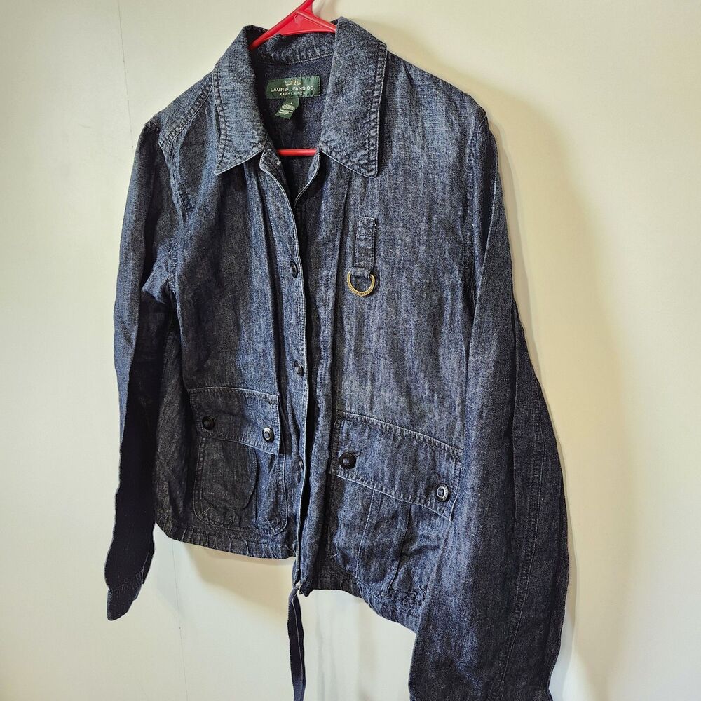 Lauren Jeans Co Ralph Lauren Denim Jacket L Cotton Linen Drawstring Blue - Picture 2 of 12